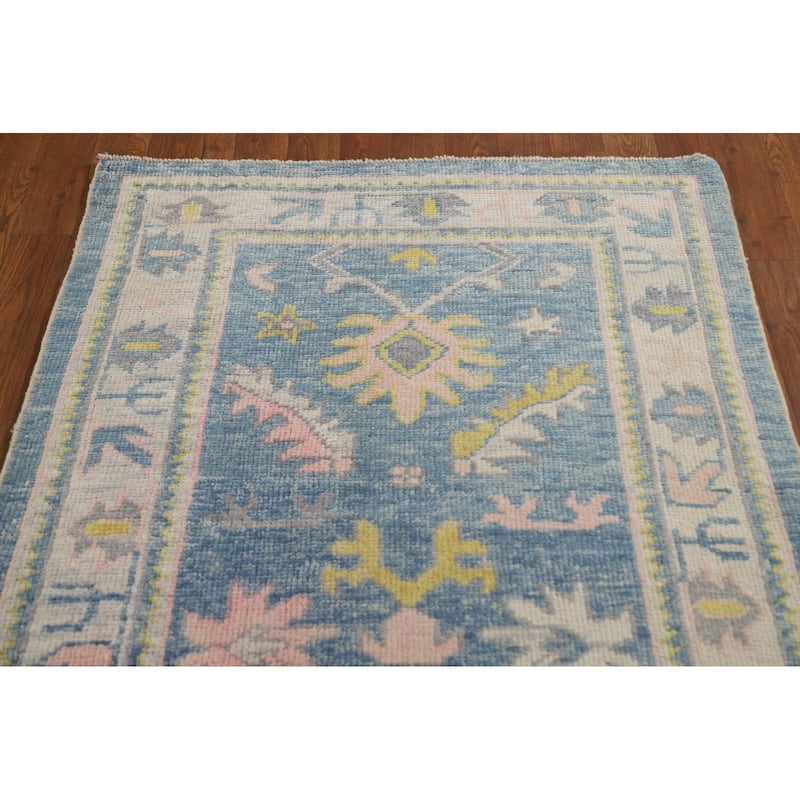 Vegetable Dye Floral Oushak Turkish Runner Rug Handmade Wool Carpet - 3'2"x 16'0"
