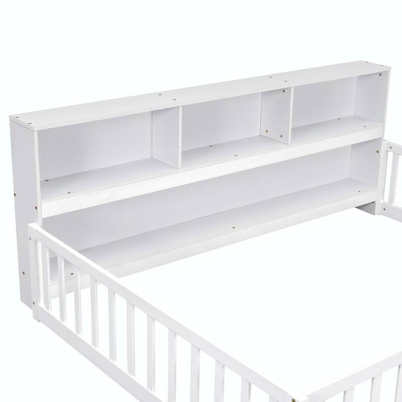 Full Floor Bed with Side Bookcase and Guardrails