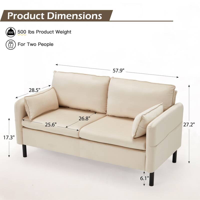 Modern double sofa for small spaces with storage, 2 soft cushions