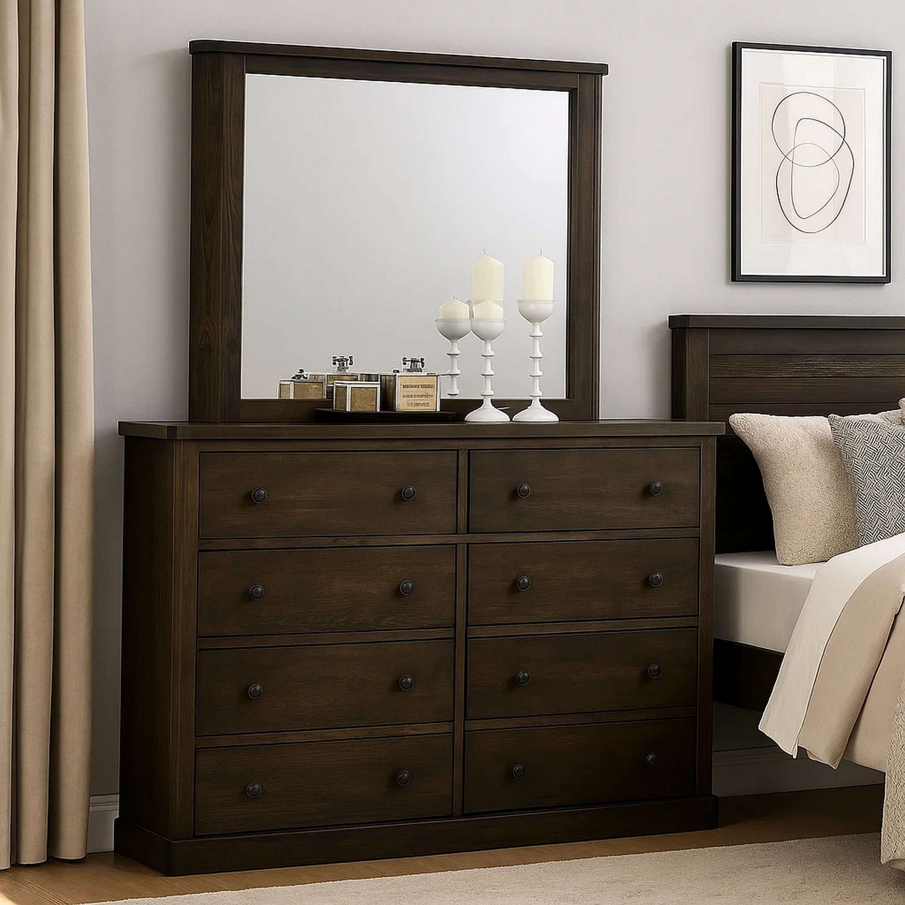 STYLE JUMBO MIRROR ダークブラウン Transitional Style Wooden Decorative Mirror with Grooved Panels