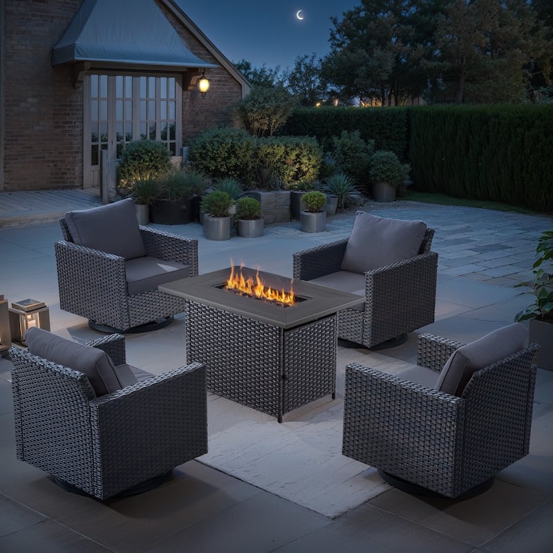 4 Outdoor Swivel Rocker Glider Chairs with Propane Fire Pit Table - Grey - Brown