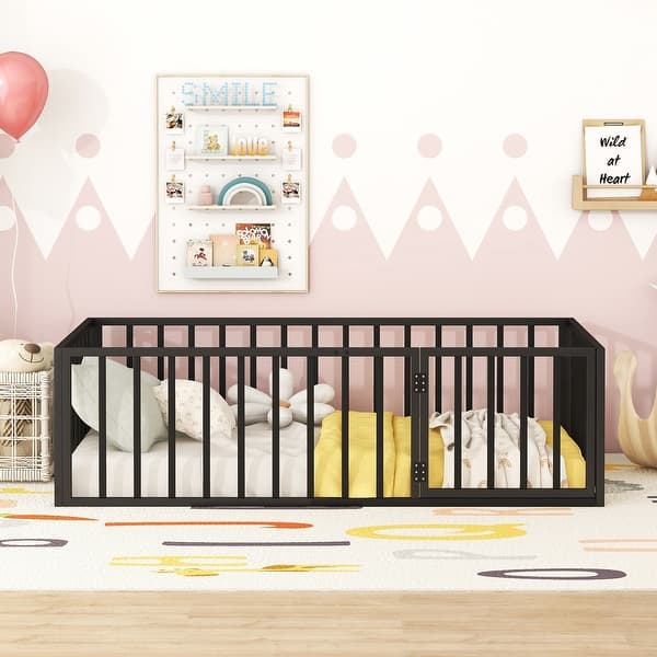 slide 2 of 88, Montessori House Floor Bed Frame with Fence Metal Kids Floor Bed with Fence and Door, Slats Platform Bed for Boys Girls Black - Twin