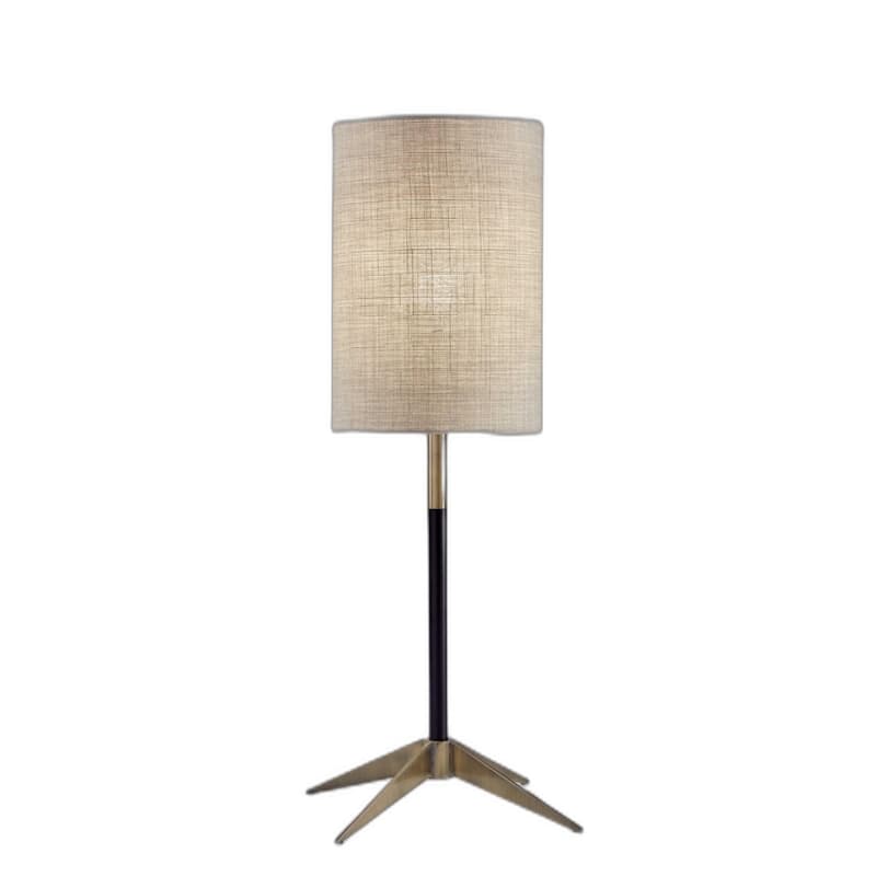Antiqued Brass Metal Mid Century Cylinder Table Lamp with Brown Fabric Shade - 9.25” x 9.25” x 26.75” (D x W x H)