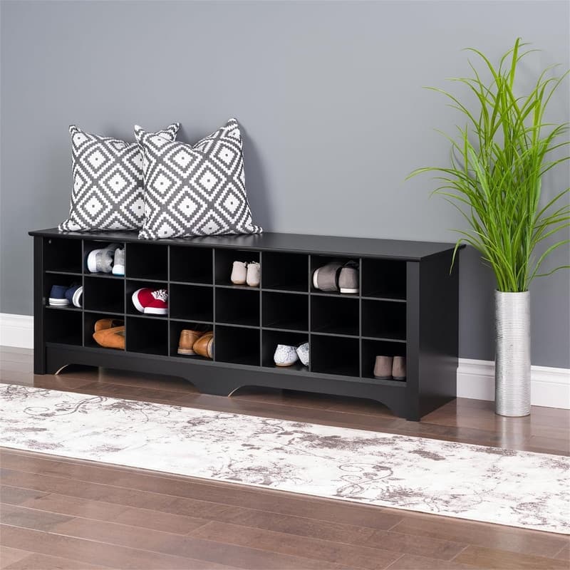 24 Pair Shoe Storage Cubby Bench - 15.5"D x 60"W x 20.25"H - Black
