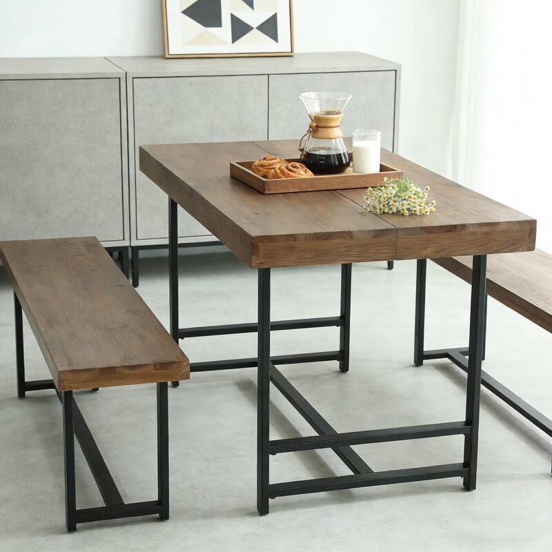 Rustic Rectangular Dining Table Set for 4 with 2 Chairs, Brown - N/A