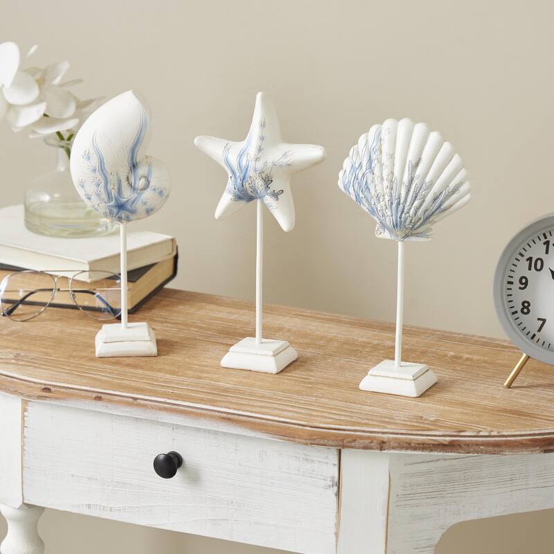 Polystone Sea Life Shell and Starfish Decorative Sculpture with Blue Coral Patterns - Set of 3 White - Roche River Decor