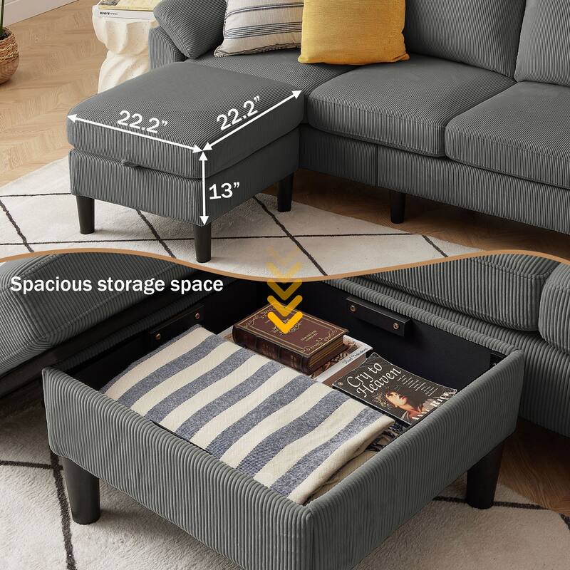 79.72" Corduroy 3 Pieces Living Room Sets Including Sectional Sofa with Storage Ottoman and Armchair Set