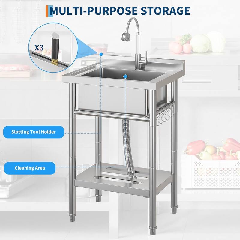 Freestanding Single Bowl Commercial Sink with Adjustable Legs, Storage Shelf, S-Hooks