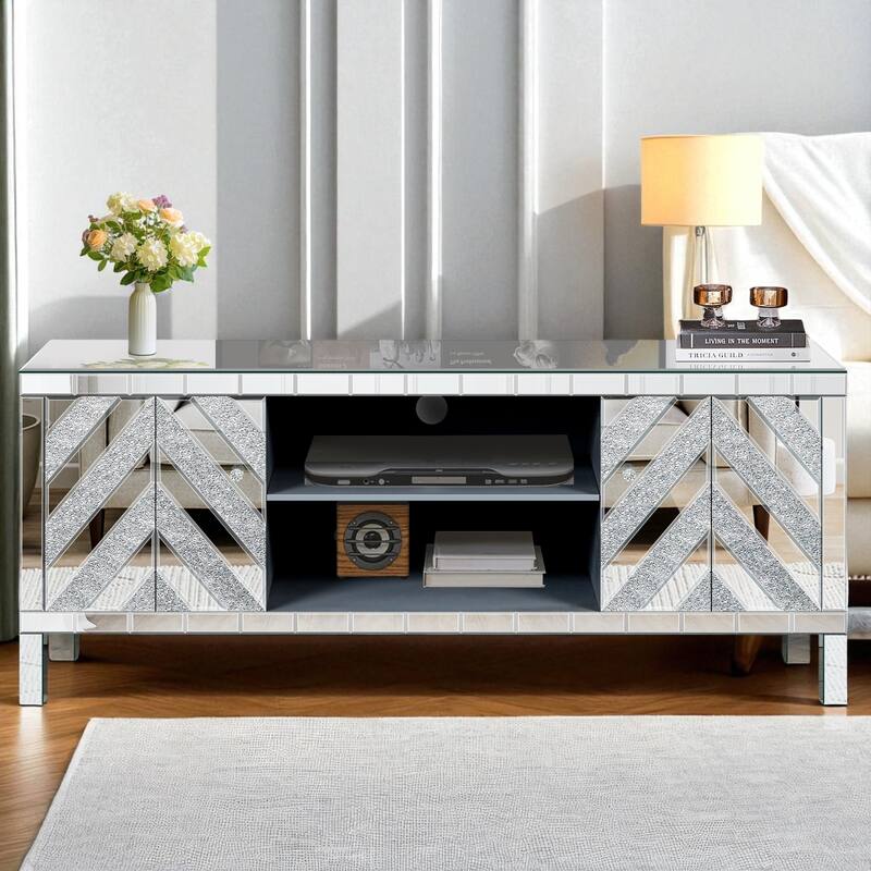 Mirrored TV Stand for 65+ Inch TVs, Silver Console Table with M-Shape Sparkling Mirror Doors & Storage Cabinets