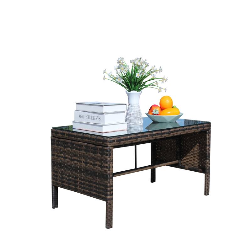 Anmytek Brown Wicker Patio Coffee Table with Tempered Glass Top, Rustic Modern Outdoor Furniture for Garden, Porch & Backyard
