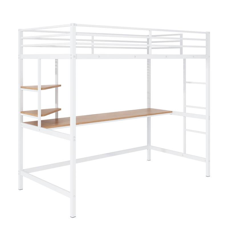 Modern Twin Metal Loft Bed with Desk and Shelve