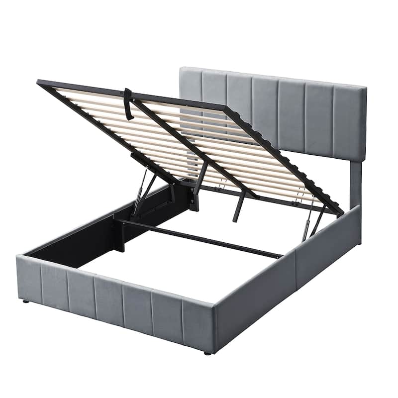 Linen Upholstered Bed Low Profile Platform Bed Storage Bedframe with Hydraulic Storage System, Headboard and Slats Support