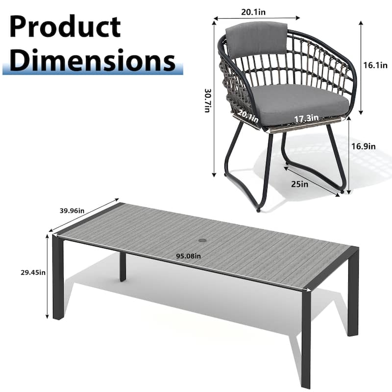 9-Piece Outdoor Patio Dining Set Wood Like Table Top Aluminum Rectangular Umbrella Hole Table with PE Rattan Chairs