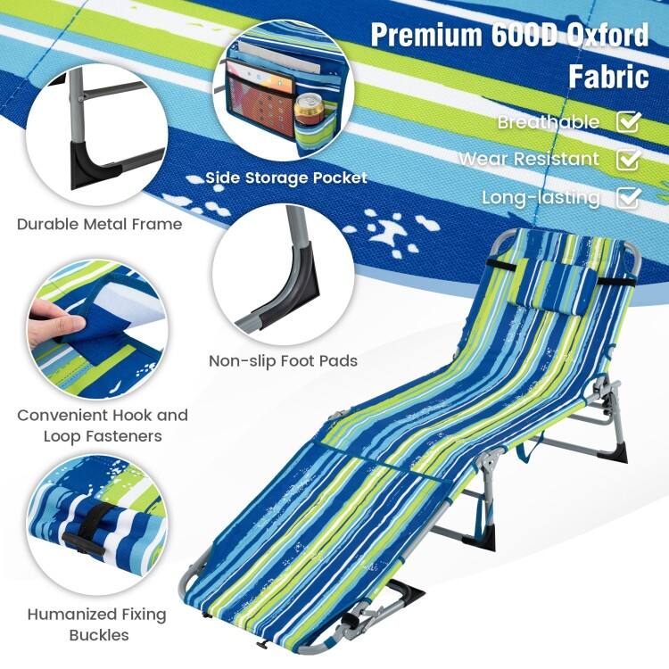 5-Position Folding Chaise Lounge Chair with Adjustable Footrest - 60" x 24" x 33"