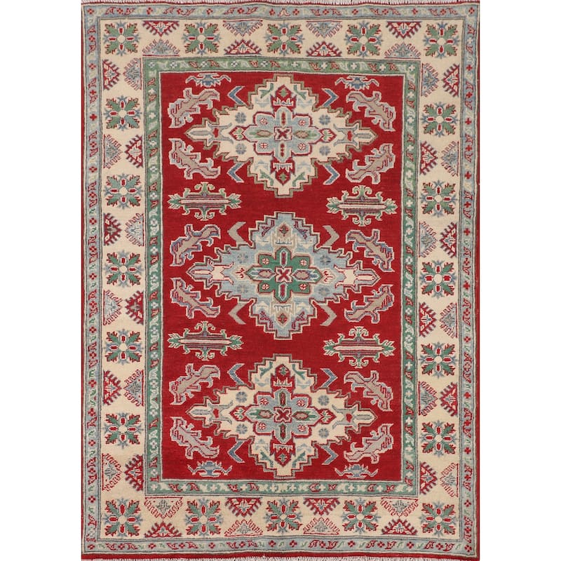 Red Geometric Kazak Rug Handmade Wool Carpet - 3'11" x 5'7"