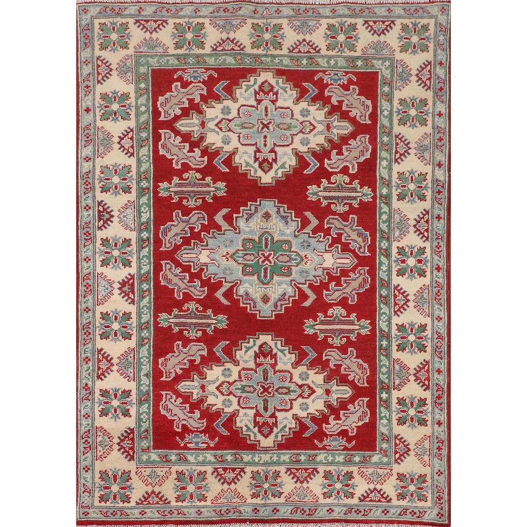 Red Geometric Kazak Rug Handmade Wool Carpet - 3'11" x 5'7"