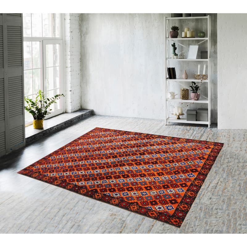 Tribal Balochi Hanna Orange/Black Hand Knotted Wool Rug - 5'1'' x 6'8''