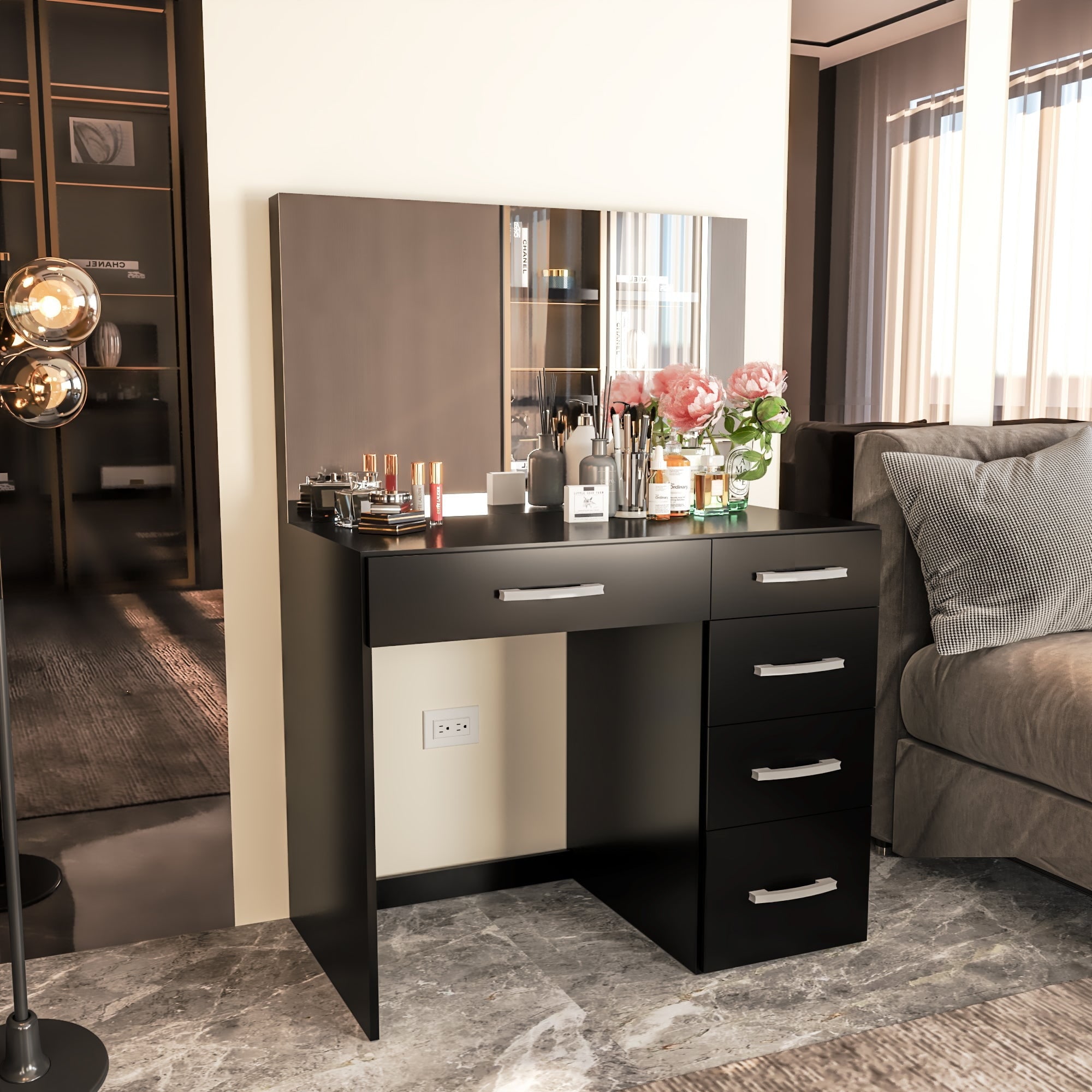 Boahaus matilda modern vanity table outlet with mirror and 5 drawers