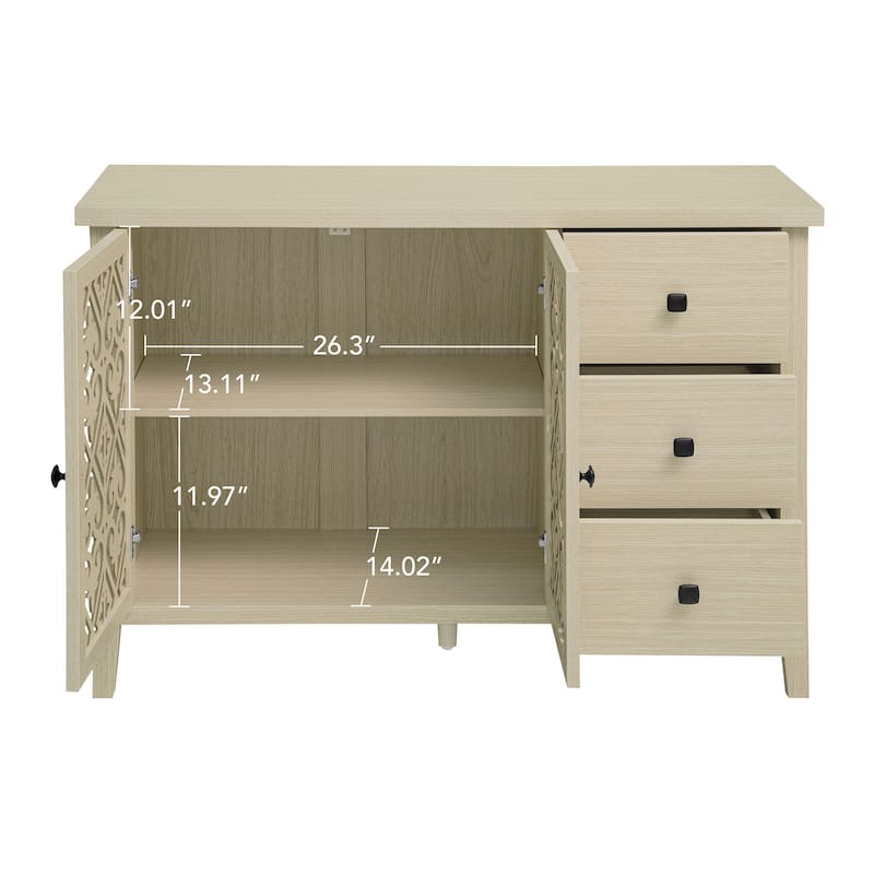 Roomfitters Hollow Carved Sideboard Buffet Cabinet with 2 Doors and 3 Drawers, Natural