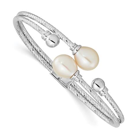925 Sterling Silver Rhodium-plated White Teardrop FWC Pearl Hinged Bangle Bracelet, 6" (W-4.95mm)
