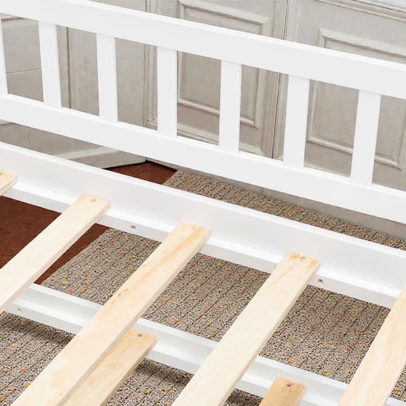 Twin/Full Wooden House Bed with Twin Trundle, Kids Platform Bed Frame with Roof Design, Solid Pine Wood