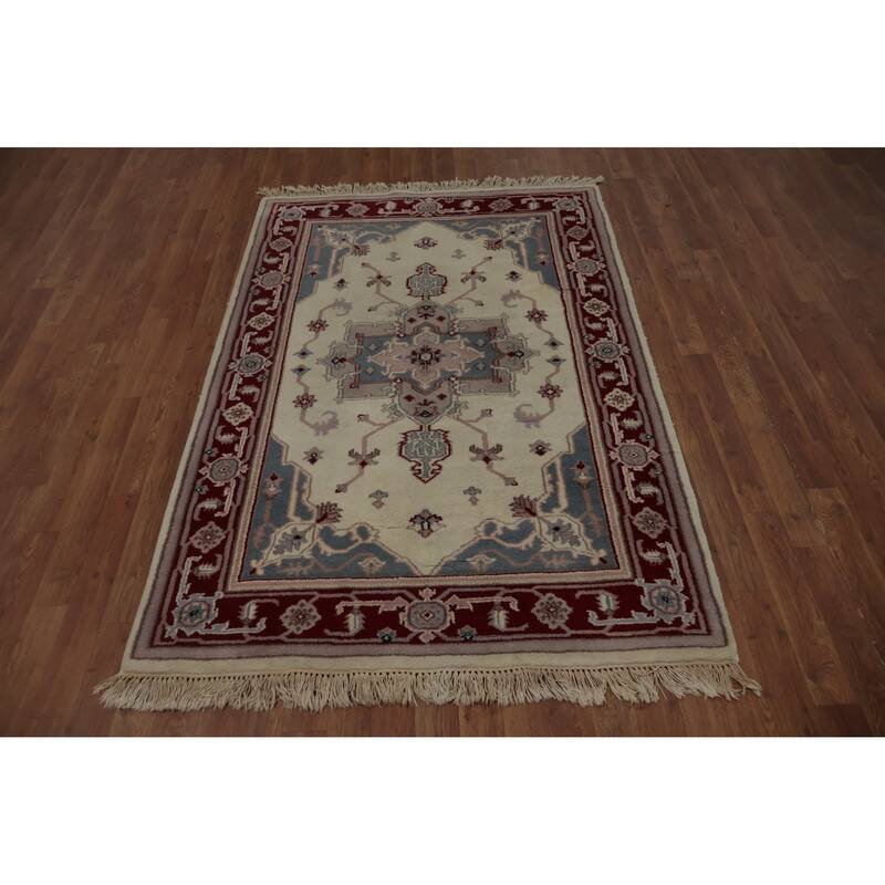 Hand Knotted Oriental 100% Wool Carpet Traditional Floral Beige & Ivories Heriz Area Rug - 6' 2'' X 4' 0''