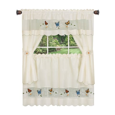 Daisy Meadow Embellished Embroidered Kitchen Curtain Set, White, 58x36 Inches