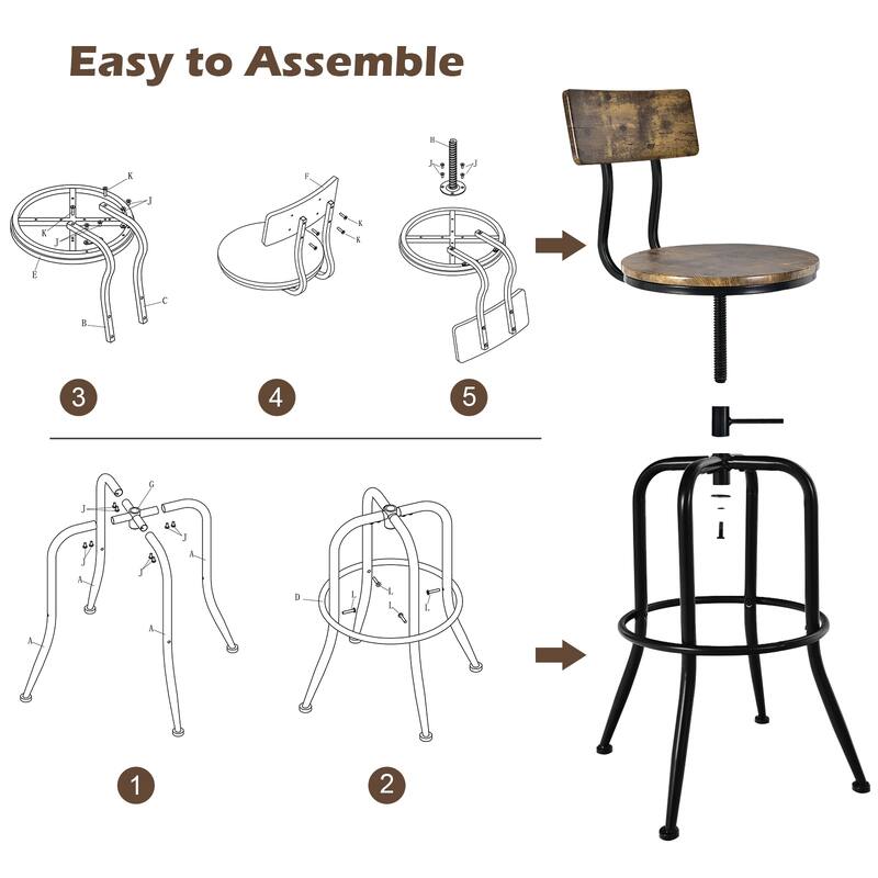 Set of 2 Rustic Brown Adjustable Swivel Bar Stools with Backrest and Black Metal Frame Footrest