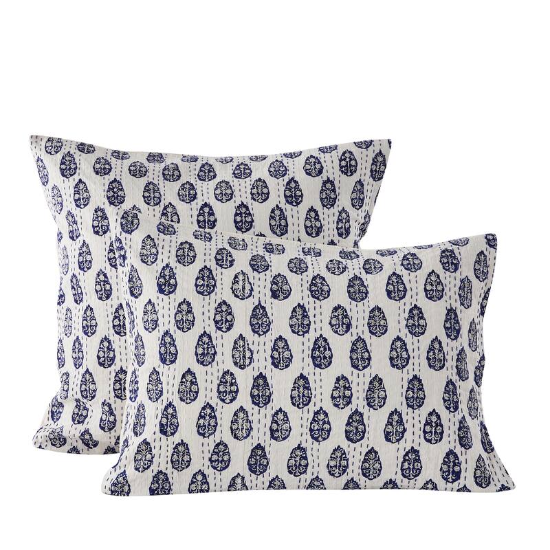 Melange Hand Stitched Kantha Block Print Pillow Sham Pair - 20x26 - Navy