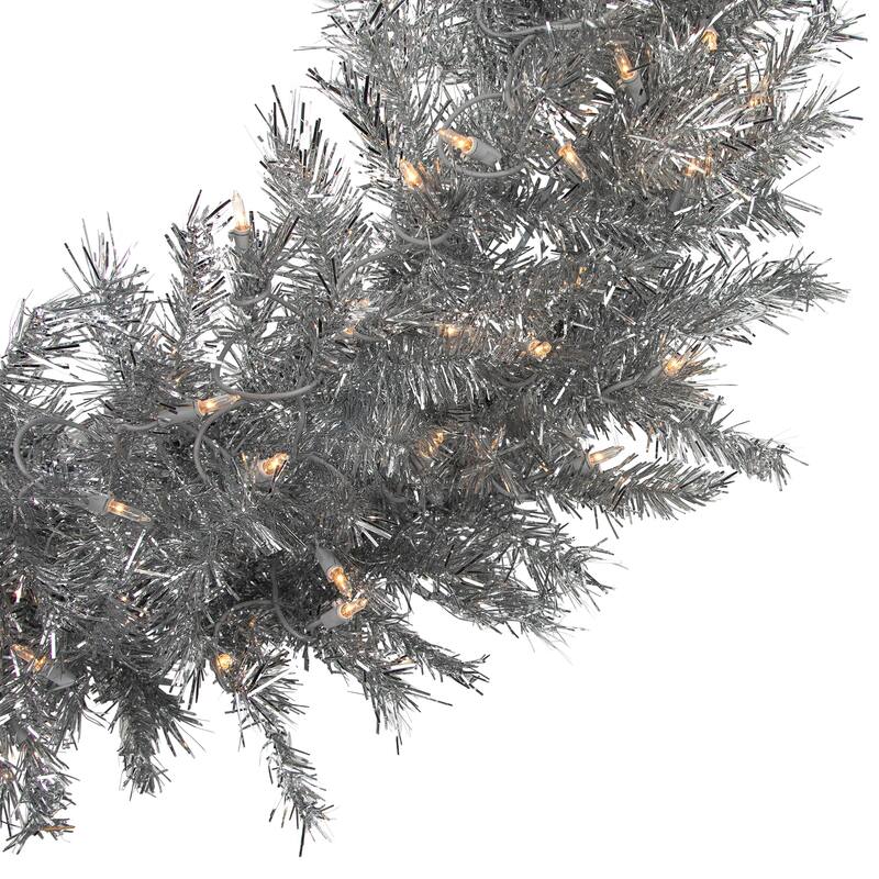 36" Pre-Lit Silver Tinsel Artificial Christmas Wreath Clear Lights