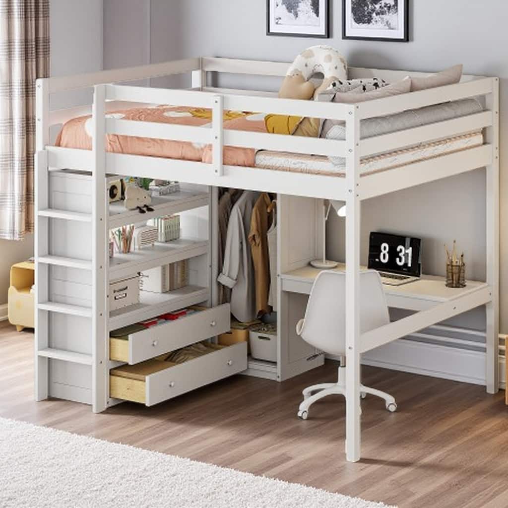 Full Size Wooden Loft Bed with Closet, Integrated Desk, Bookshelves, Drawers & Safety Ladder