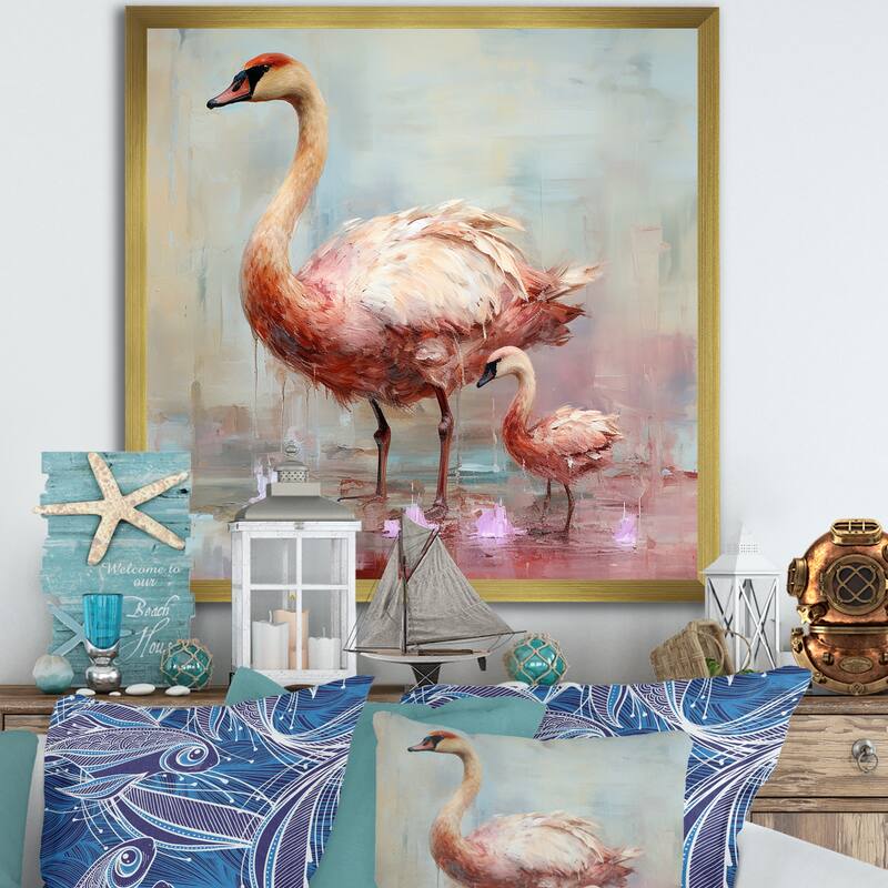 Designart "Pink Blooming Swan Beauty" Swans Wall Decor Pink Modern Entryway Framed Wall Art Print - 30 in. wide x 30 in. high - Gold