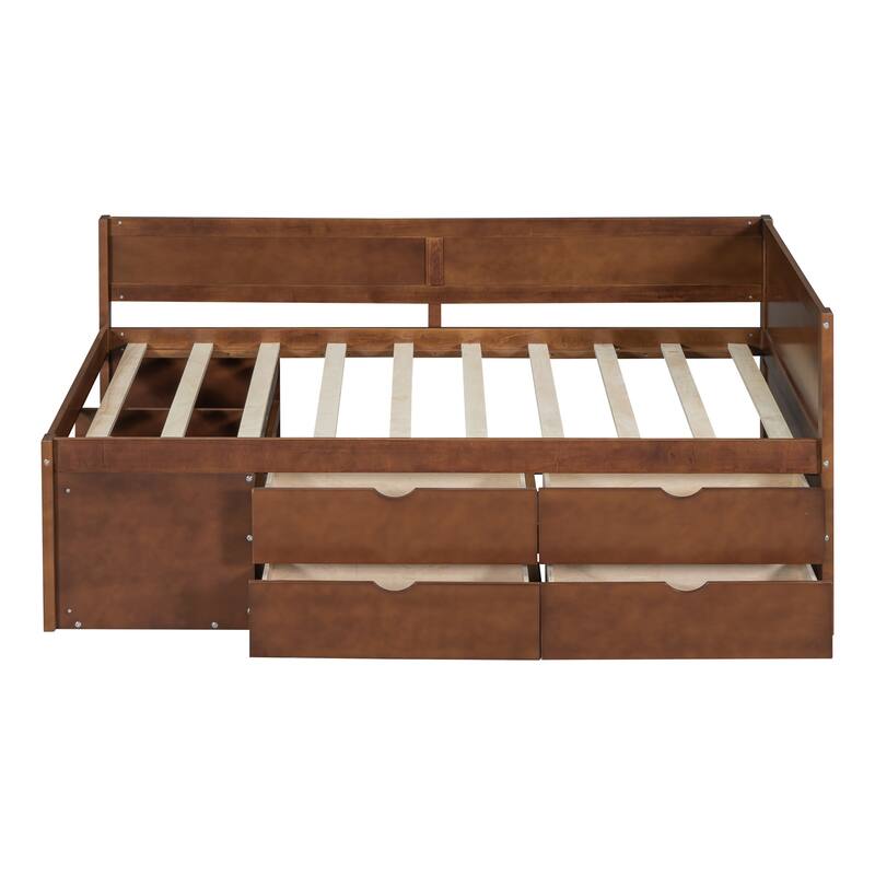 Twin/Full Size Daybed with 4 Storage Drawers and Shelves, Wooden Platform Bed Frame Corner Bed with L-Shaped Headboard and Slats