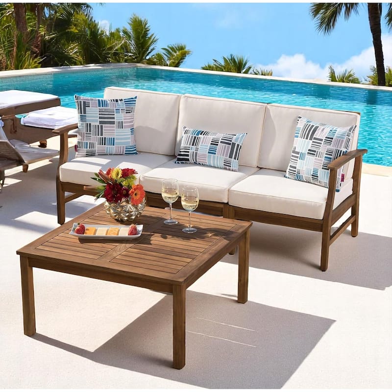 2-Piece Acacia Wood Outdoor Sofa Set with Coffee Table and Water-Resistant Cushions - Patio Seating with Removable Covers - Cream