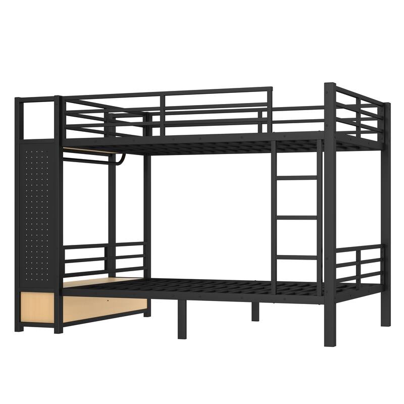 Multifunctional Full Over Full Bunk Bed for Teens with Built-in Wardrobe, Open Shelf, Drawers and Pegboard, Metal Bed Frame