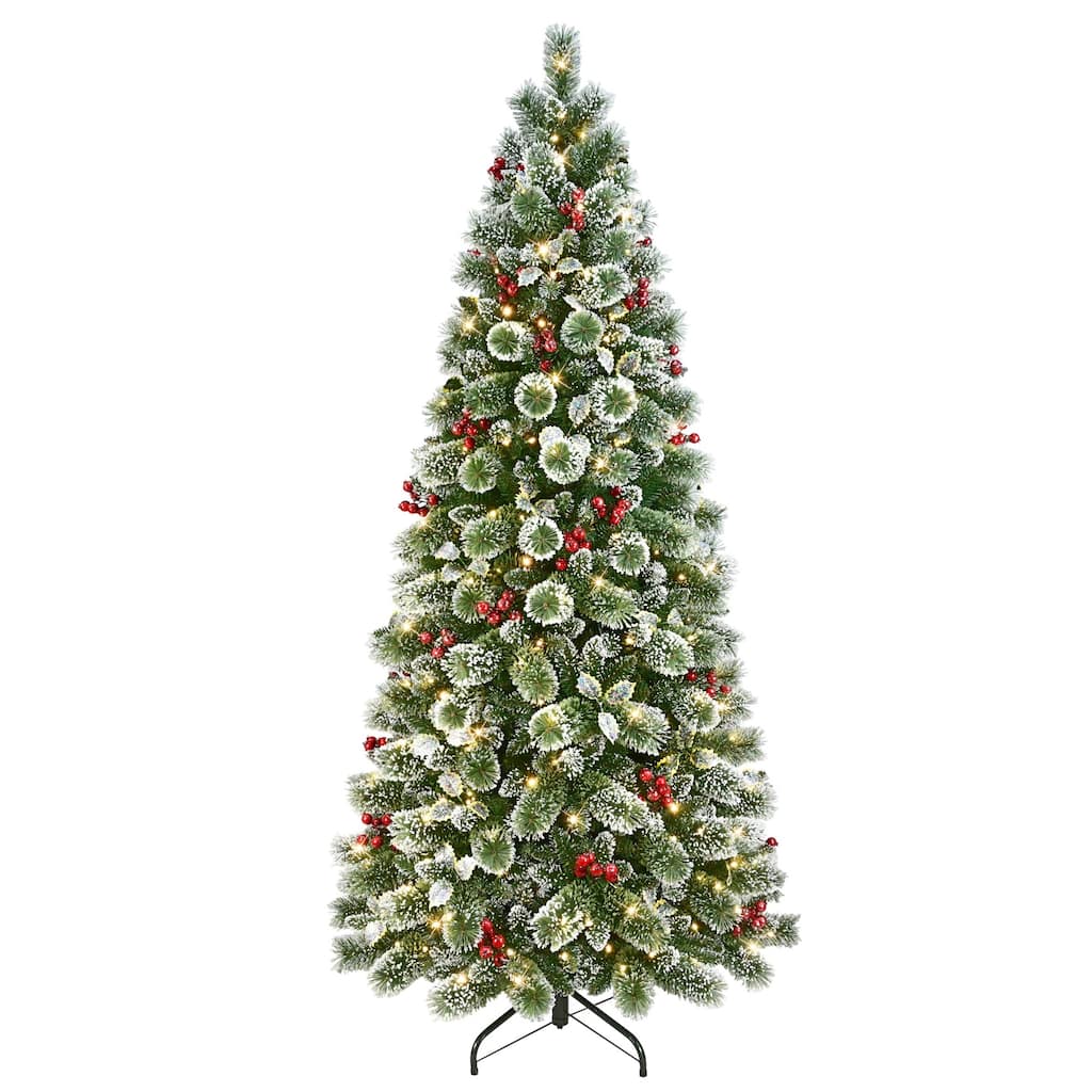 Pre-Lit Slim Silverton Pine Snowy Artificial Christmas Tree - 7.5’ - Multi Lights