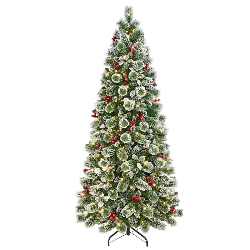 Pre-Lit Slim Silverton Pine Snowy Artificial Christmas Tree - 7.5’ - Multi Lights