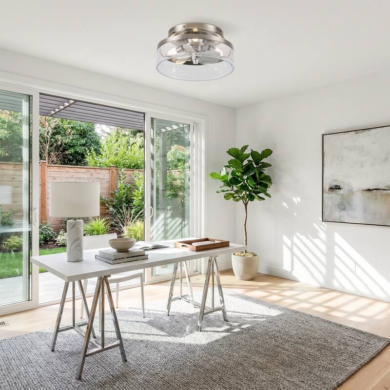 12.6-inch Satin Nickel Small Low Profile Fandelier Ceiling Fan with Light and Bubble Acrylic Cage - 12.6" W x 6.6" H