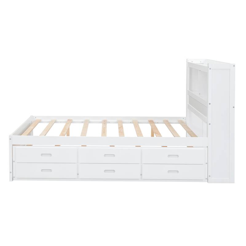 Full Size Platform Bed with Trundle, Drawers, USB Plugs, and Storage Shelves, White