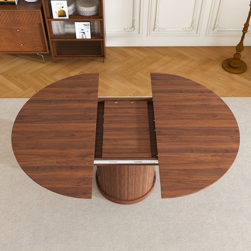 59" Extendable Oval Dining Table with 2-Tier Storage for 4-6, Walnut Finish & Pedestal Base