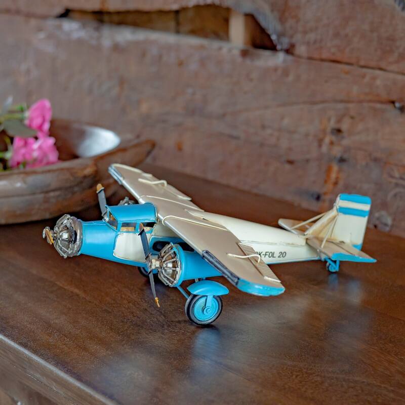 Metal Model Airplane Decor in Blue - 13.39" L x 12.6" W x 3.54" H - 13.39" L x 12.6" W x 3.54" H - Blue and Cream