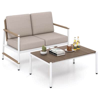 2 PCS Patio Furniture Set Outdoor Loveseat Sofa & Coffee Table Set