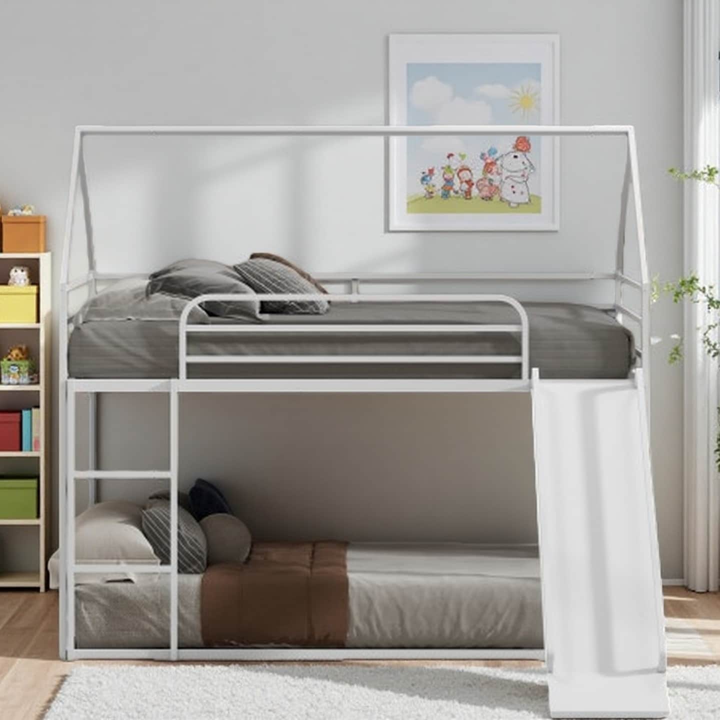 Twin Over Twin Metal House Bunk Bed with Ladder and Slide, Sturdy Powder-Coated Frame, Playful Triangle Roof Design
