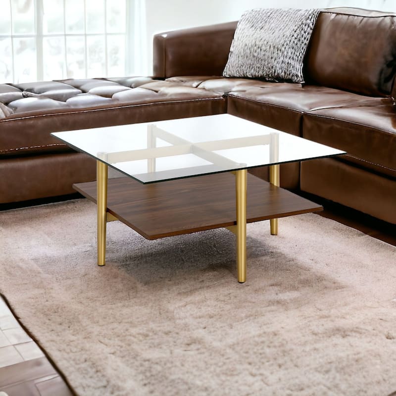 32" Square Modern Coffee Table with Glass Top and Metal Legs Lower Shelf Storage for Living Room - 32"L x 32"W x 17"H
