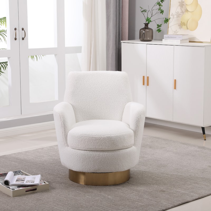 Ivory Faux Fur Modern 29.3" Upholstered Swivel Barrel Chair with Gold Stainless Steel Base - Ivory Faux Fur