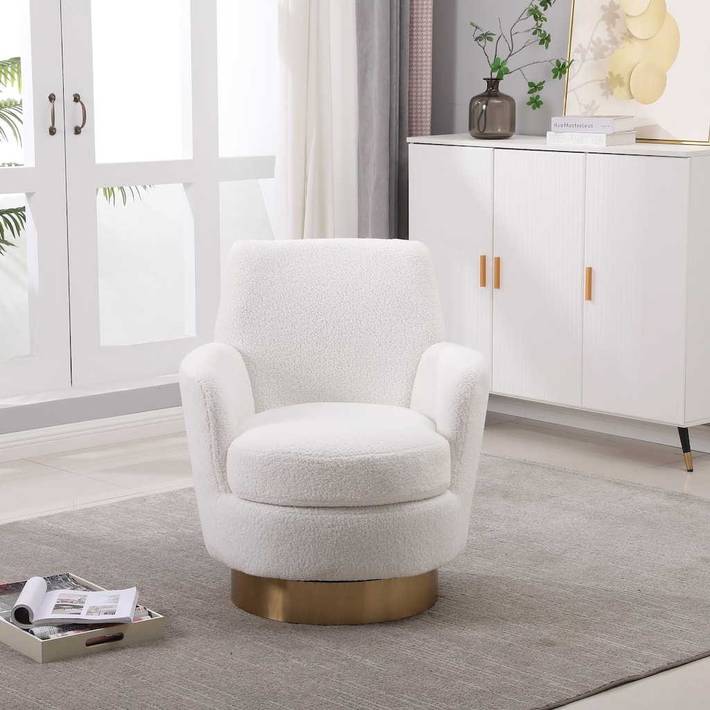 Ivory Faux Fur Modern 29.3" Upholstered Swivel Barrel Chair with Gold Stainless Steel Base