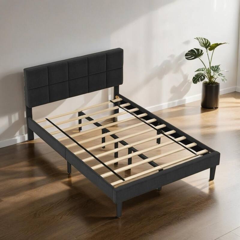 Wood Rustic Style Platform Bed with Headboard - BLACK1