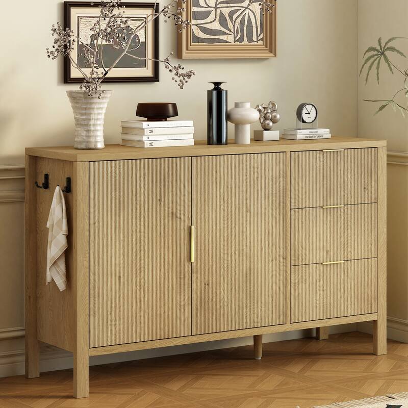 Anmytek Modern Wave Pattern Sideboard Buffet Cabinet with 3 Drawers Hooks Large Storage for Living Room Entryway