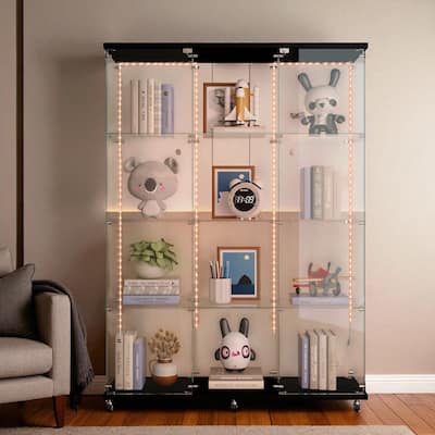 65" Tempered Glass Display Cabinet with Bluetooth LED Lights, Lockable Doors, Casters, 5-Shelf Storage Showcase