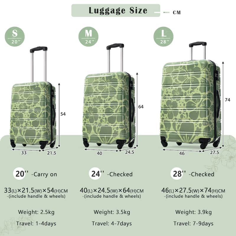 3-Piece, Modern Luggage Sets, Lightweight Luggage with Silicone Handles and Combination Lock, for Boarding Travel, Green